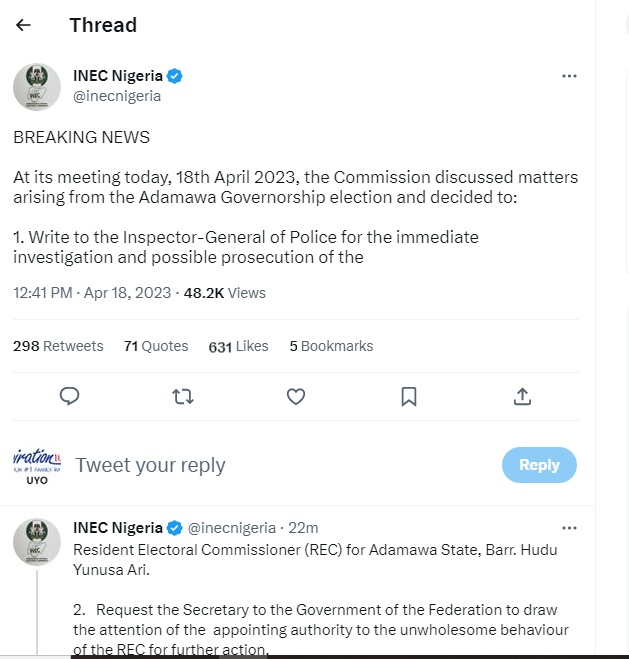 BREAKING: INEC Writes Inspector-General of Police to Investigate and Prosecute Adamawa REC