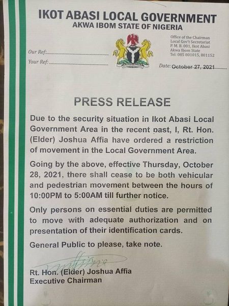 Ikot Abasi Local Government Chairman Delcares Curfew Over Insecurity