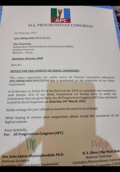 APC Suspends National Congress, Fixes March 26th for Zonal Congresses