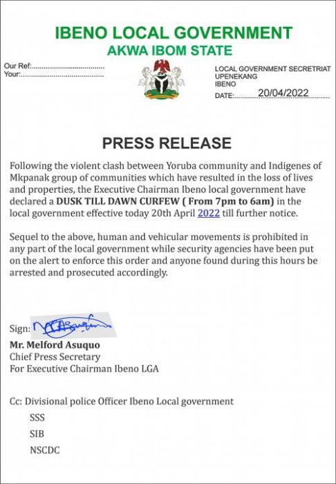 Ibeno Local Government Area Declares Dusk Till Dawn Curfew