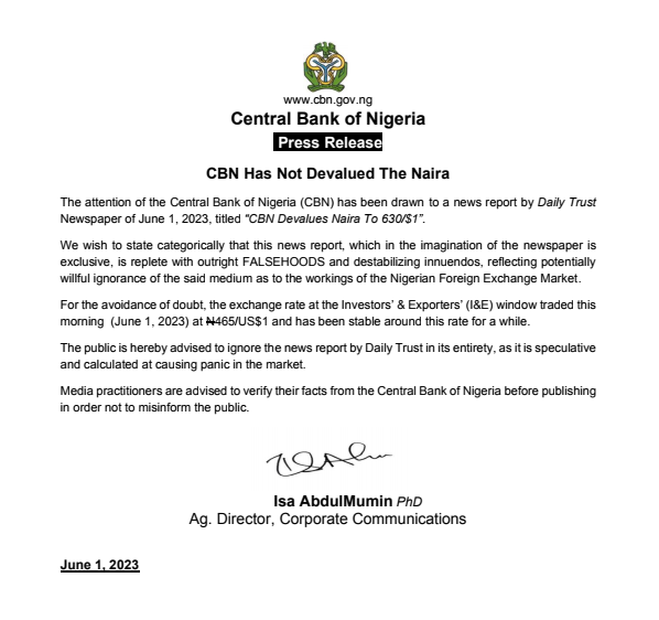 Central Bank Denies Devaluation of The Naira