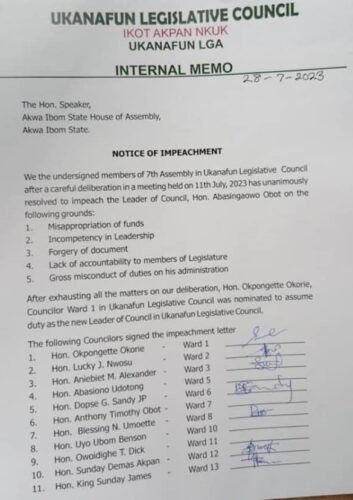 Hon. Awasiijiangawo Obot Impeached Leader Ukanafun Legislative Council