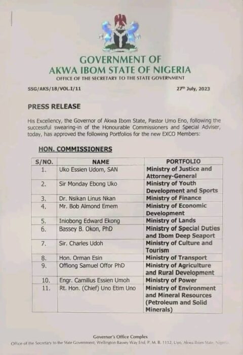 Commissioners get Portfolios in Akwa Ibom State.