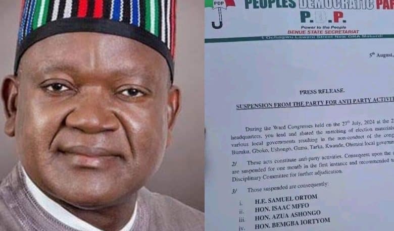 Benue PDP Suspends Ortom and 2 Others