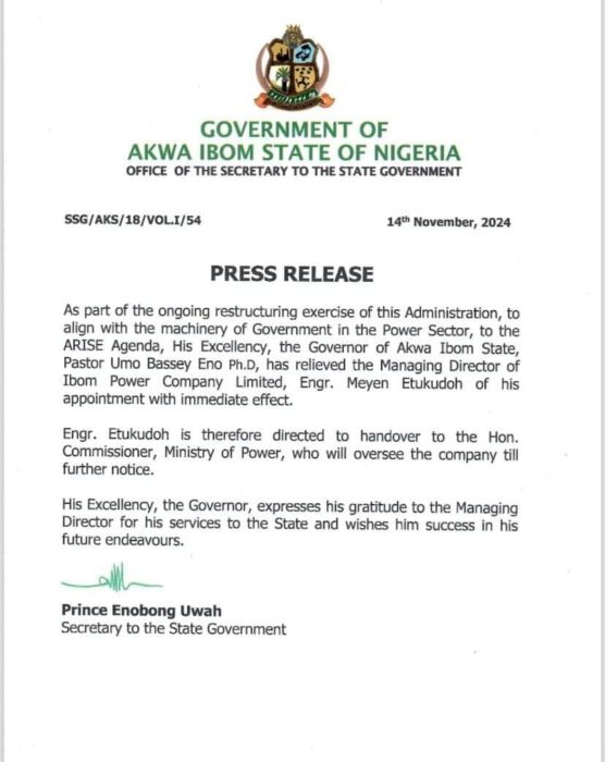 Governor Umo Eno Fires Ibom Power MD